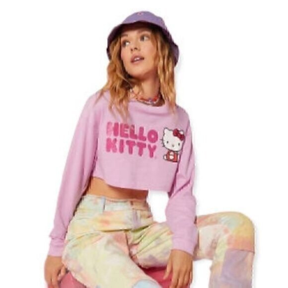 Hello Kitty Cropped Long Sleeve Pink Top Size Large - Picture 3 of 11